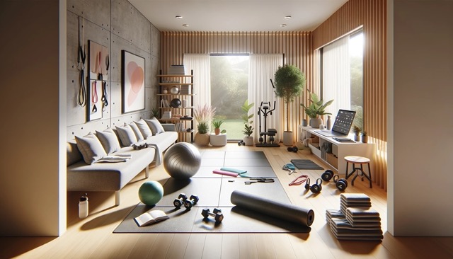 Compact, efficient home fitness setup with essential workout equipment, reflecting the current trend towards maintaining physical health