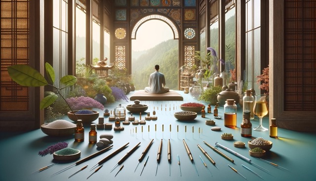 Scene that represents the integration of traditional and modern wellness approaches, highlighting holistic health practices