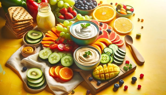 Image healthy snacking, fruits, vegetables, yogurt