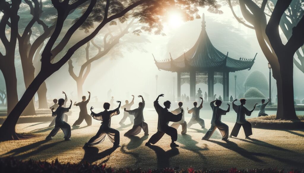 group of people practicing Tai Chi in a park at dawn, capturing the fluid movements and peaceful energy of the morning