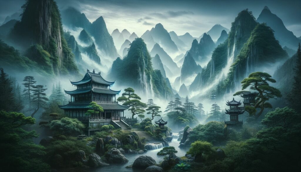 Taoism temple nestled misty mountains symbolizing harmony between human nature. the scene should depict peacefu