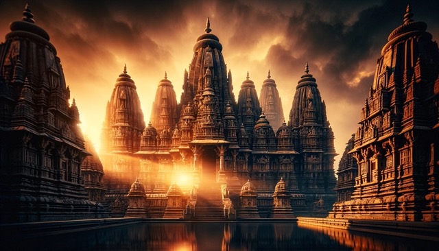 hinduism temple at sunrise, reflecting the spiritual heritage and intricate carvings symbolic of Hindu