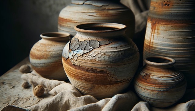 Wabi-Sabi in design of rustic, hand-thrown pottery, showcasing the beauty of imperfection