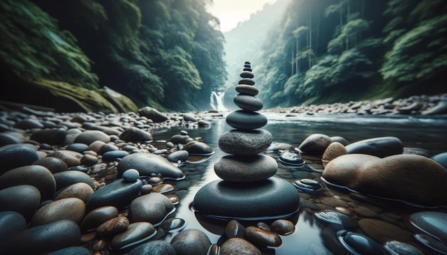 zen buddhist philosophy, Zen-rock-balancing-tranquil-river-each-stone-carefully-placed-represent -balance-harmony