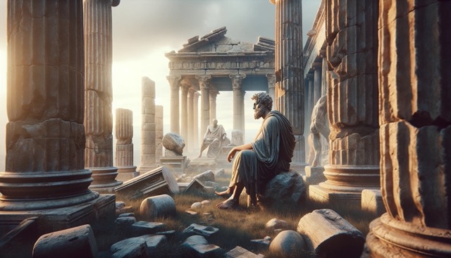 Stoicism,stoic-philosopher-ancient-Greece-contemplating-life-virtues-amidst-ruins-temple-embodying-wisdom-tranquility